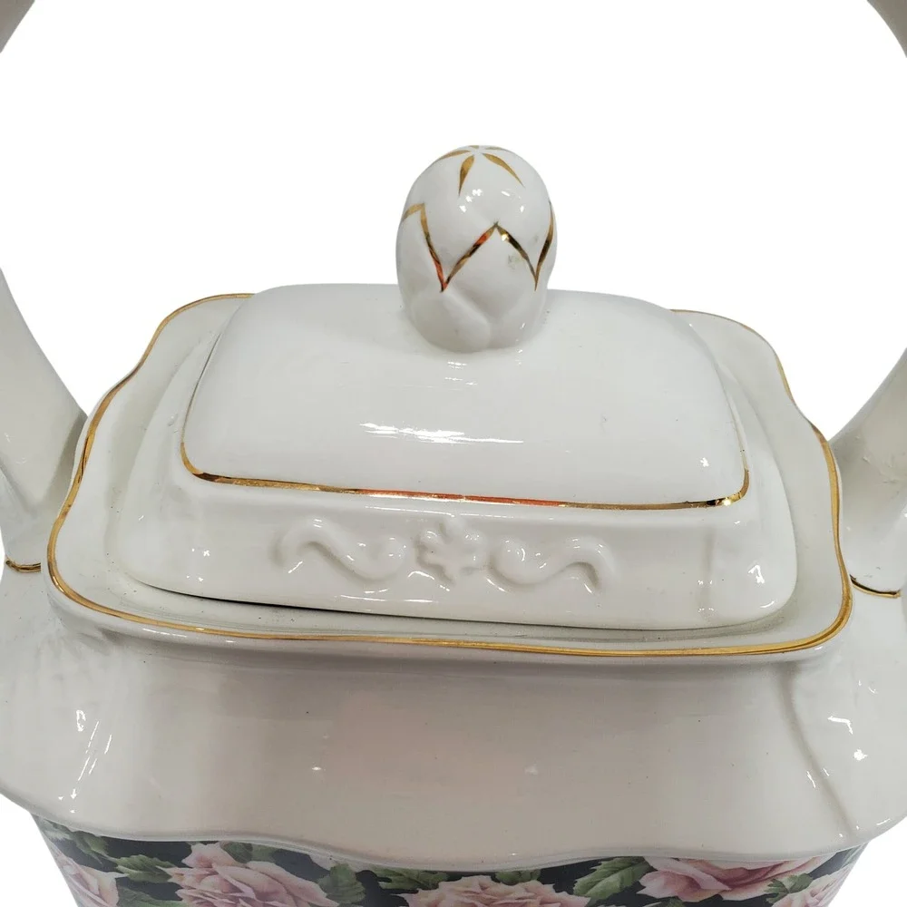 Crown Dorset Teapot Staffordshire England Pink Rose Black‎ Floral Gold Gilt Trim